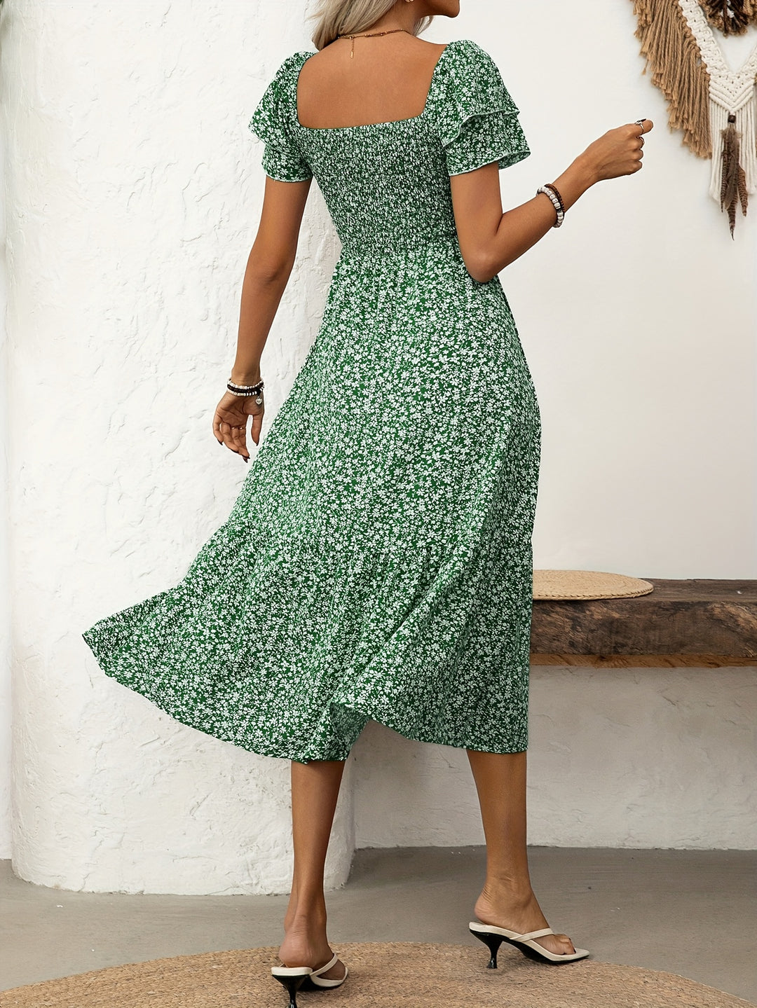 Florine | Midi-jurk met bloemenprint en rucherand