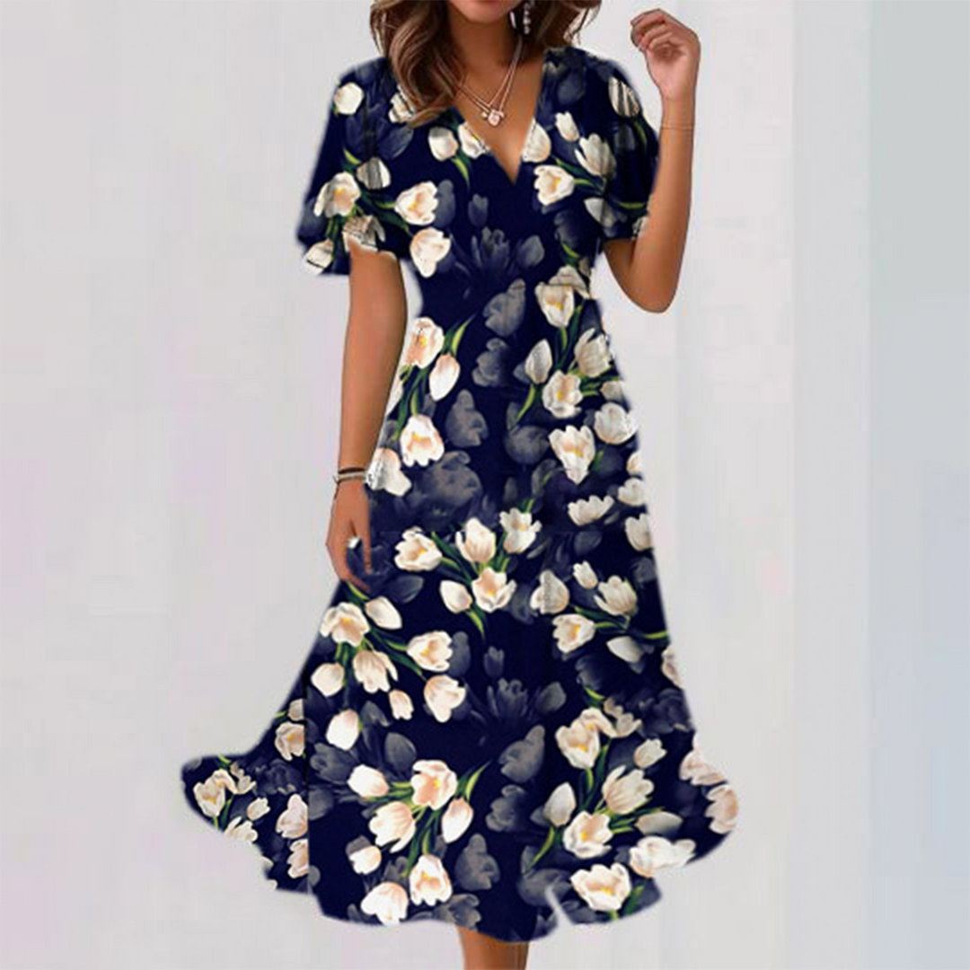 Distinctive Floral Print Short Sleeve Midi Dress