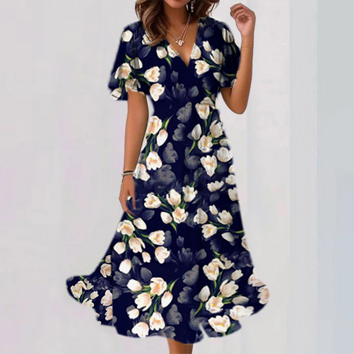 Distinctive Floral Print Short Sleeve Midi Dress