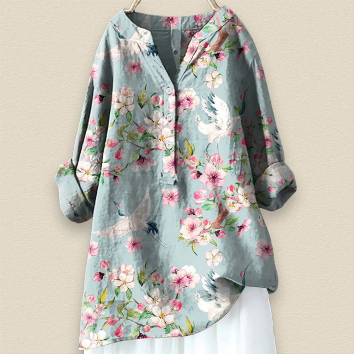 Camille | Bloemenblouse met luchtige pasvorm en mandarijnkraag