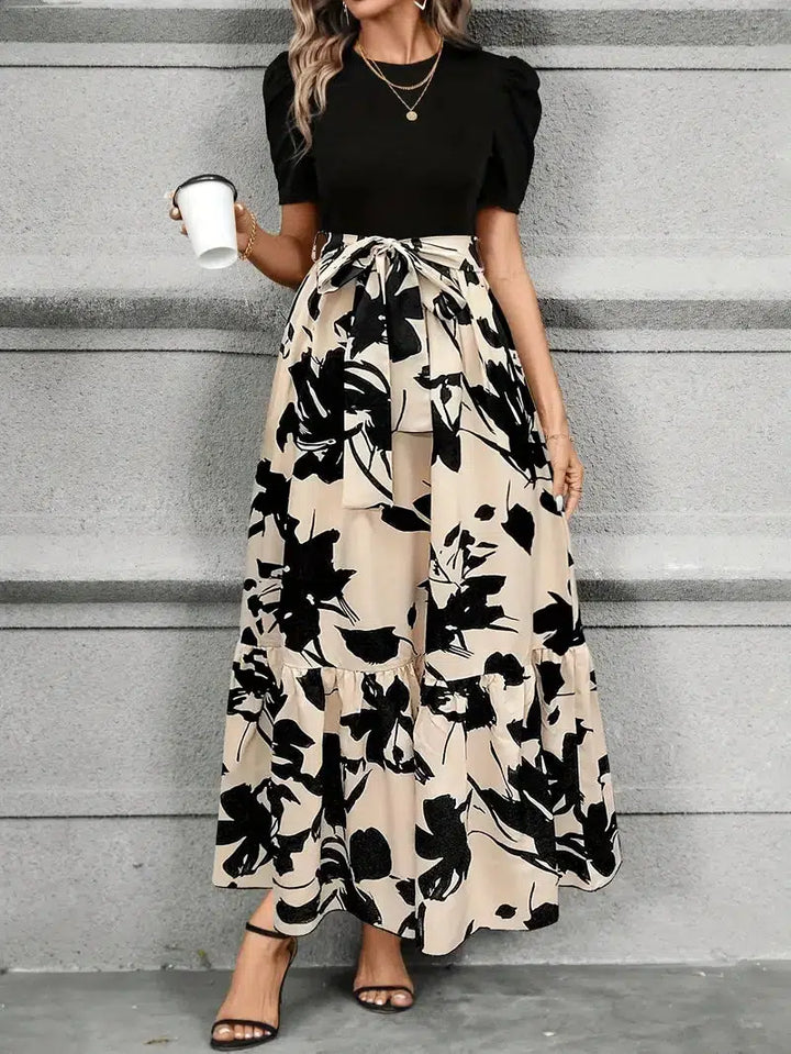 Chic Plant Print Short Sleeve Maxi Dress