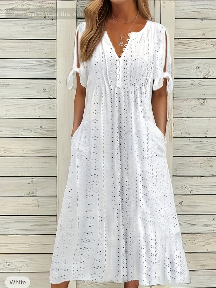 Odette | Geplooide Midi Jurk met V-Hals & Losse Pasvorm