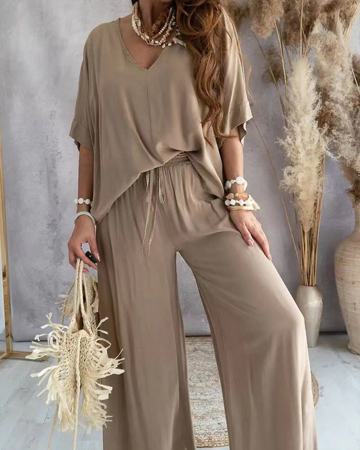 Renée | Zomers V-hals set met wijde broek