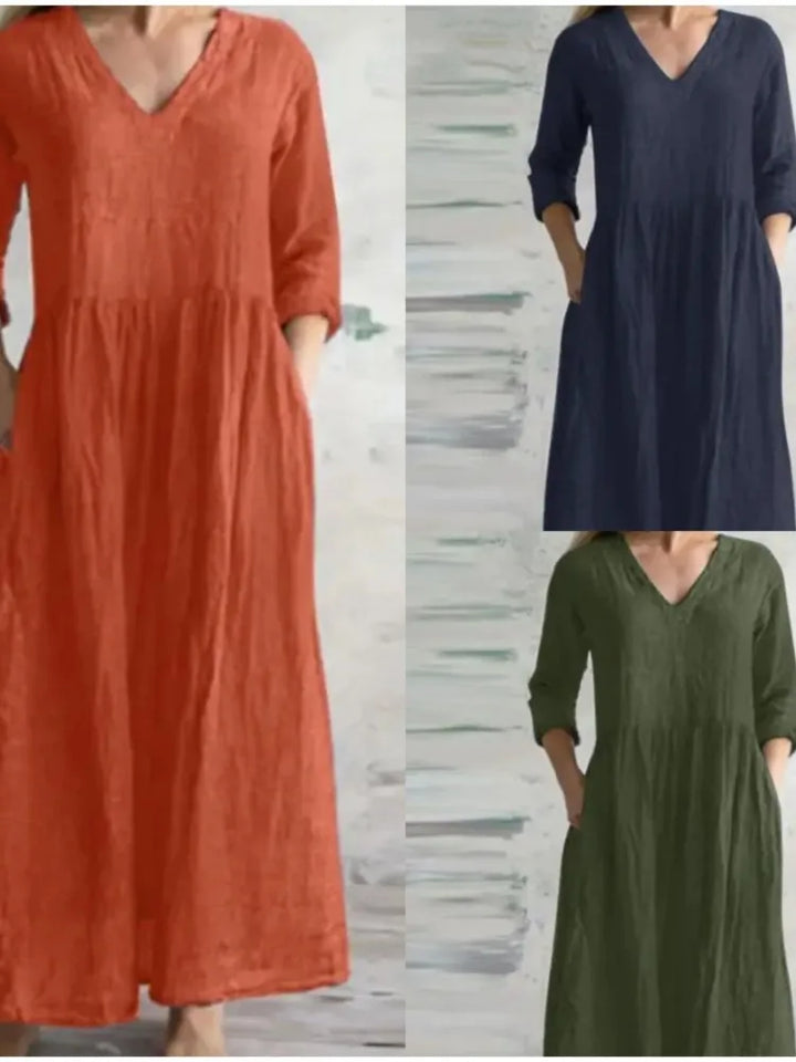 Women Cotton And Linen Loose Dress Long Spring Autumn Casual Half-sleeved Simple Style Long Dress solid Vestidos Female
