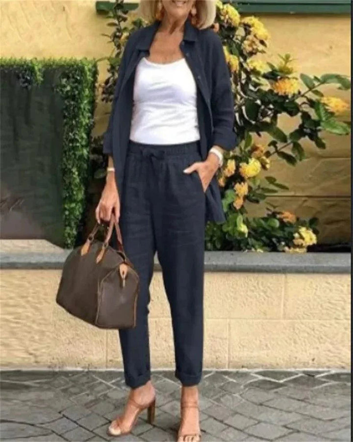 Conjunto Casual em Linho e Algodão Blusa + Calça + Brinde [Último Dia]