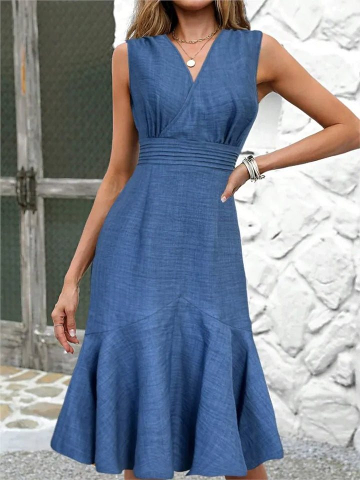 Summer Elegant Sleeveless Fishtail Dress Fashion Sexy V-neck High Waist Folds Slim Fit Holiday Women's Solid Midi Dress Vestidos