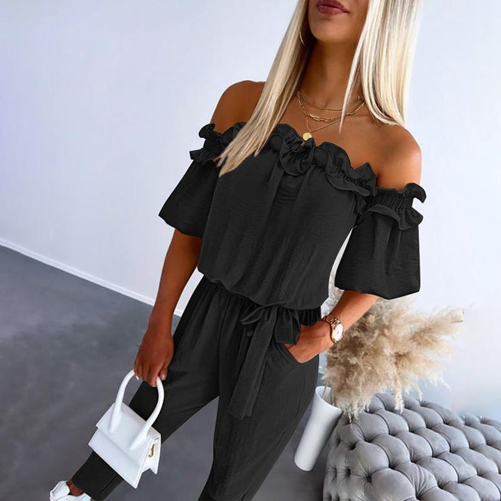 Noëlle | Off-shoulder jumpsuit met striklint en sierlijke ruches
