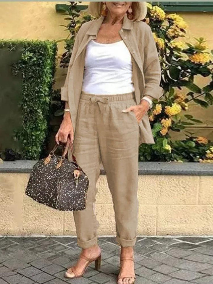 Conjunto Casual em Linho e Algodão Blusa + Calça + Brinde [Último Dia]