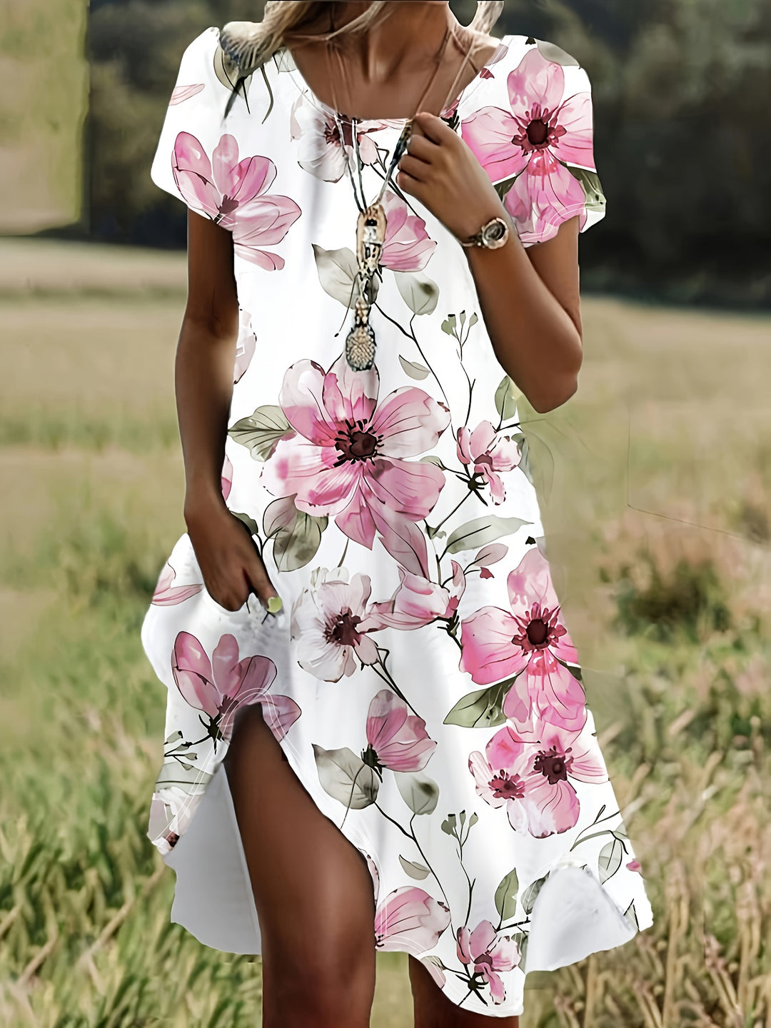 Noëlle | Zomerjurk met ronde hals en levendige bloemenprint